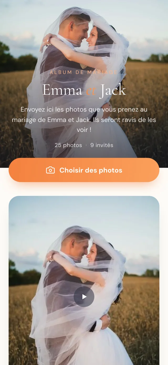 Page de l'album que voient les invités en scannant, avec le bouton d'envoi de photos