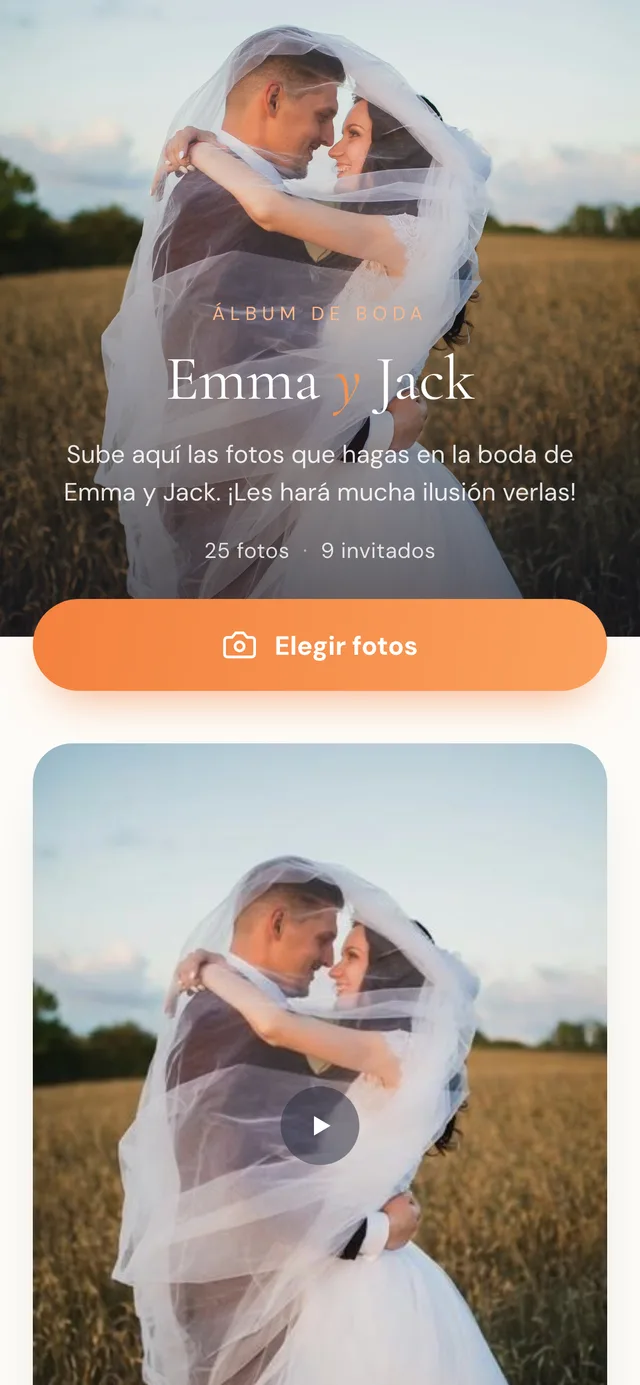 Página del álbum que ven los invitados al escanear, con el botón de subir fotos