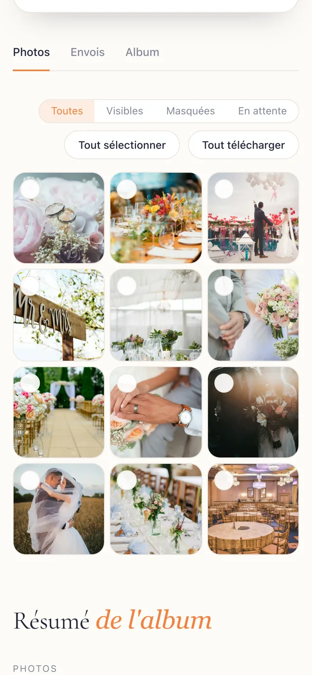 Galerie du tableau de bord avec toutes les photos envoyées par les invités